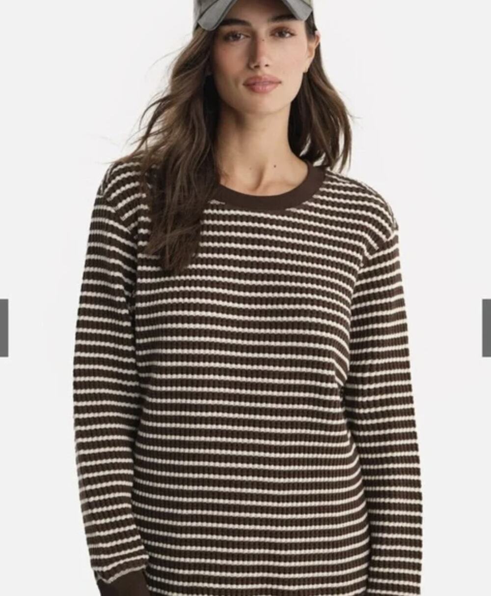 MATE the Label Organic Waffle Crew Top Espresso Stripe Small Casual Lounge